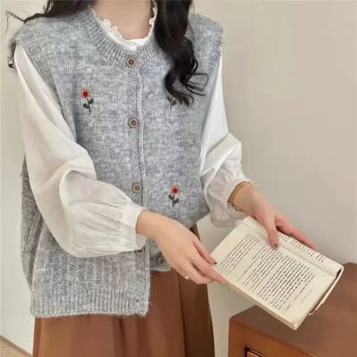 한 부서 느긋한 바람 꽃 니트 베스트 조끼 여성 가을 겨울 셔츠 스택 착용 민소매 어깨 외부 가져 가라. 스웨터 오픈 가디건 이미지 4