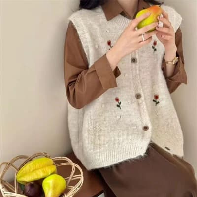 한 부서 느긋한 바람 꽃 니트 베스트 조끼 여성 가을 겨울 셔츠 스택 착용 민소매 어깨 외부 가져 가라. 스웨터 오픈 가디건 상세 이미지 6