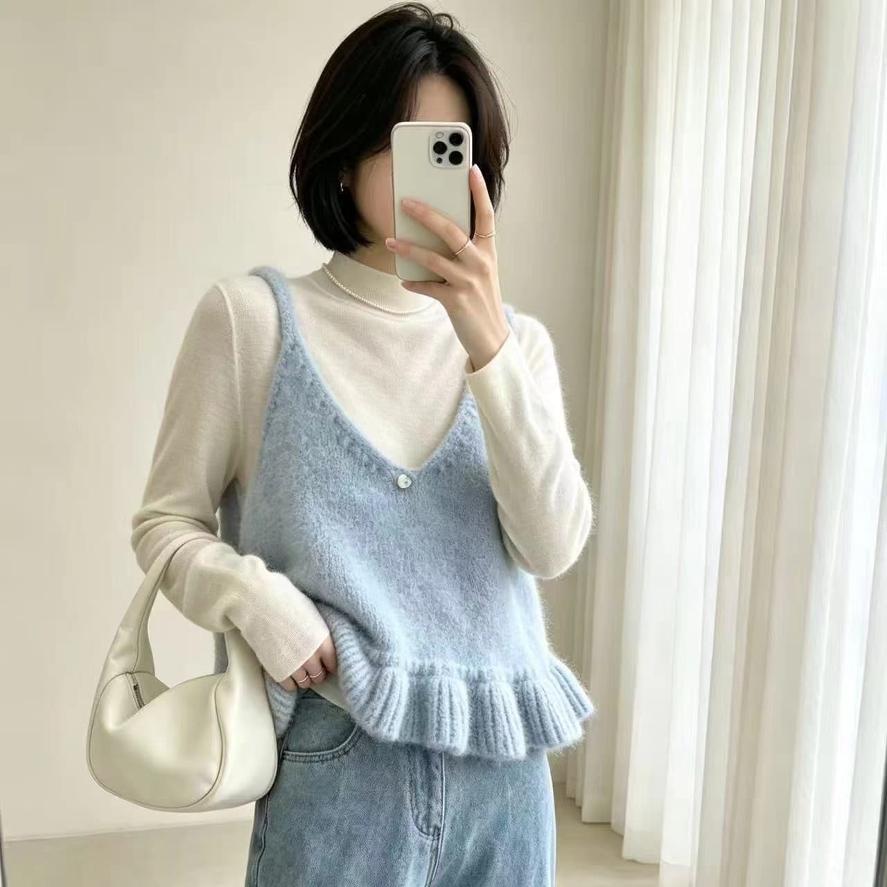 한국 목이버섯 레이스 Chic 양모 니트 캐미솔 봄 여름 새로운 작은 대중 스택 착용 고급 센스 켜기 상세 이미지 17