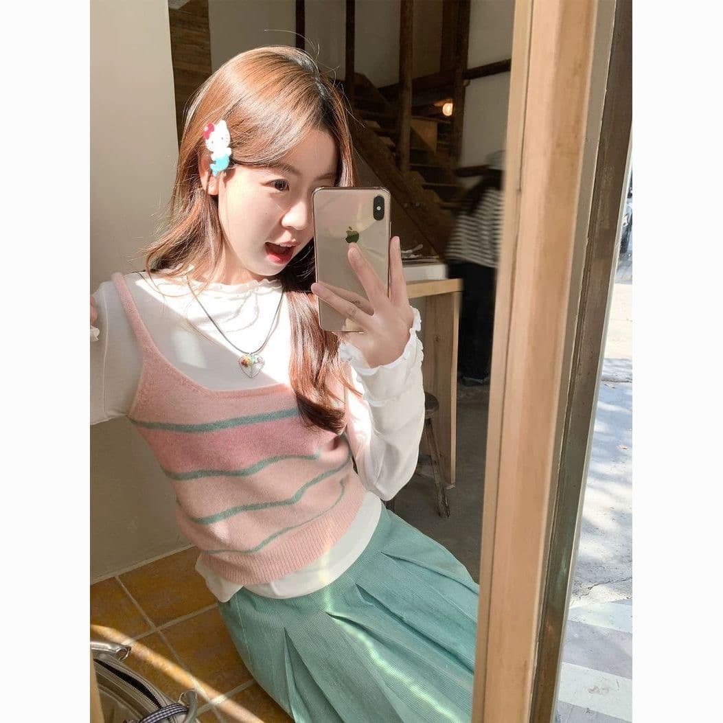 한 번 작은 짭짤한 한 부서 핑크색 스트라이프 쇼트 스타일 니트 캐미솔 봄 몸매 가꾸기 베스트 맨위 스택 착용 세트 상세 이미지 6