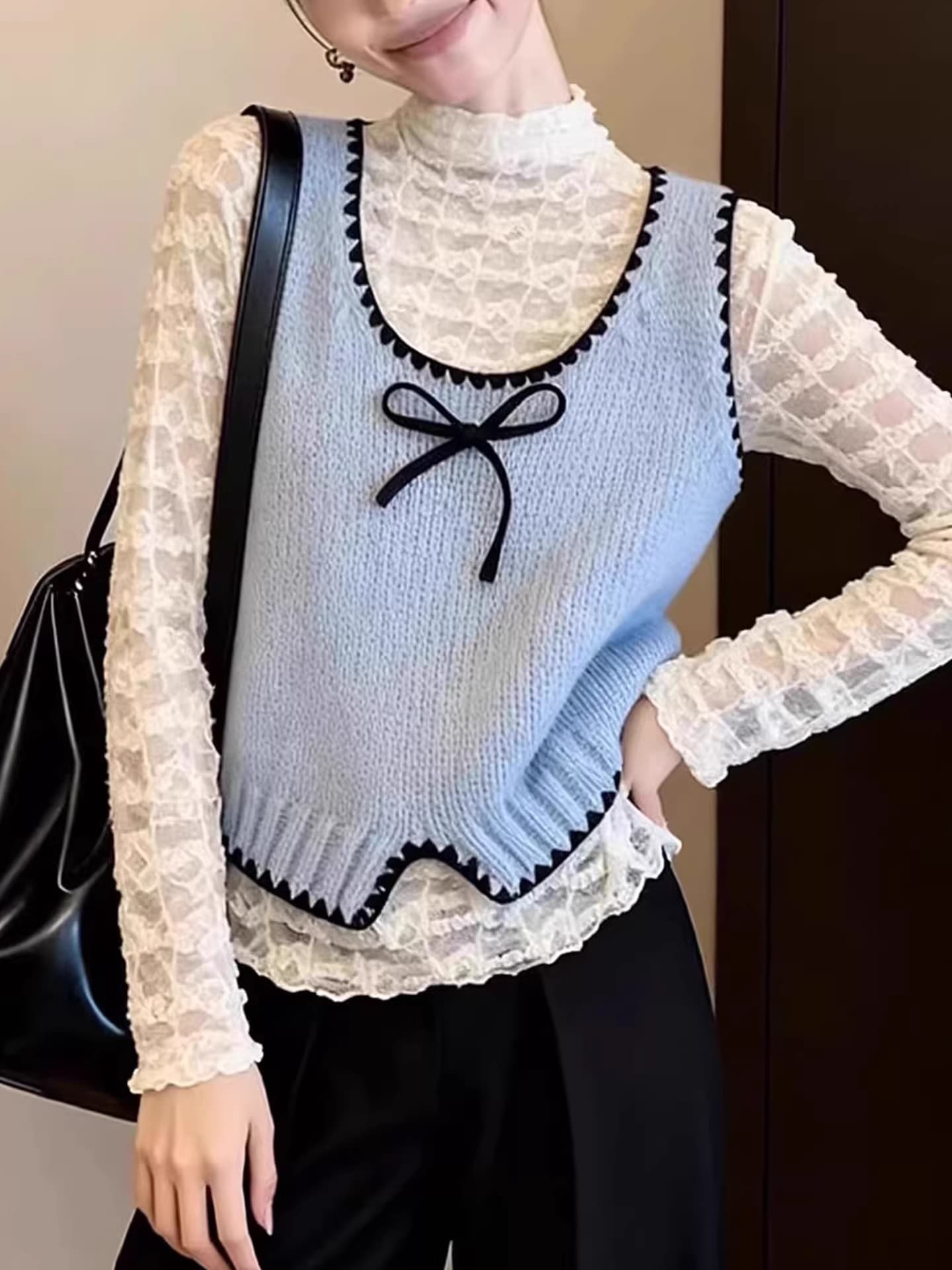 2026 년 가을 한 부서 달콤함 나비 매듭 조끼 라운드 넥 배색 니트 베스트 여성 짧은 스택 착용 기본 셔츠 상세 이미지 10
