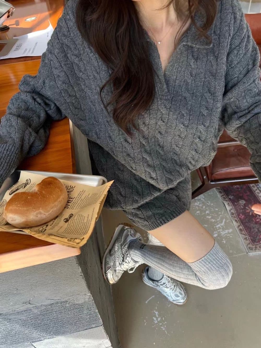 한국 스타일 새로운 느긋한 바람 POLO 칼라 니트 스웨터 풀오버 캐주얼 반바지 세트 여성 이미지 3