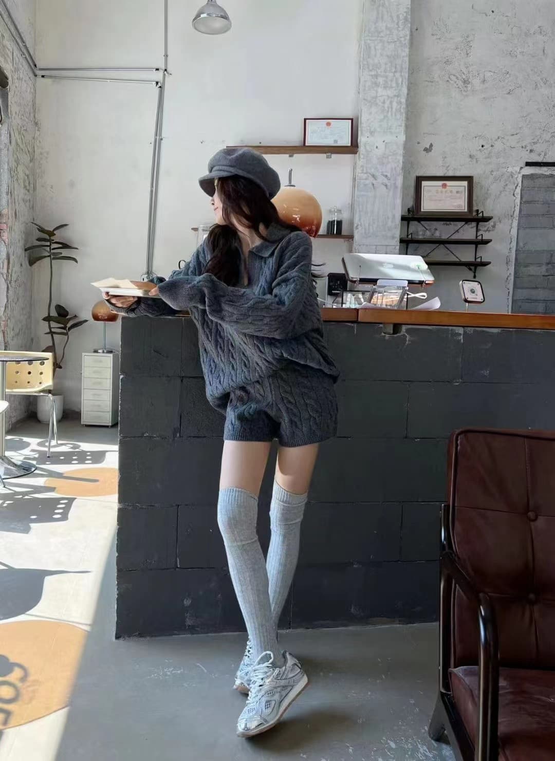 한국 스타일 새로운 느긋한 바람 POLO 칼라 니트 스웨터 풀오버 캐주얼 반바지 세트 여성 상세 이미지 8