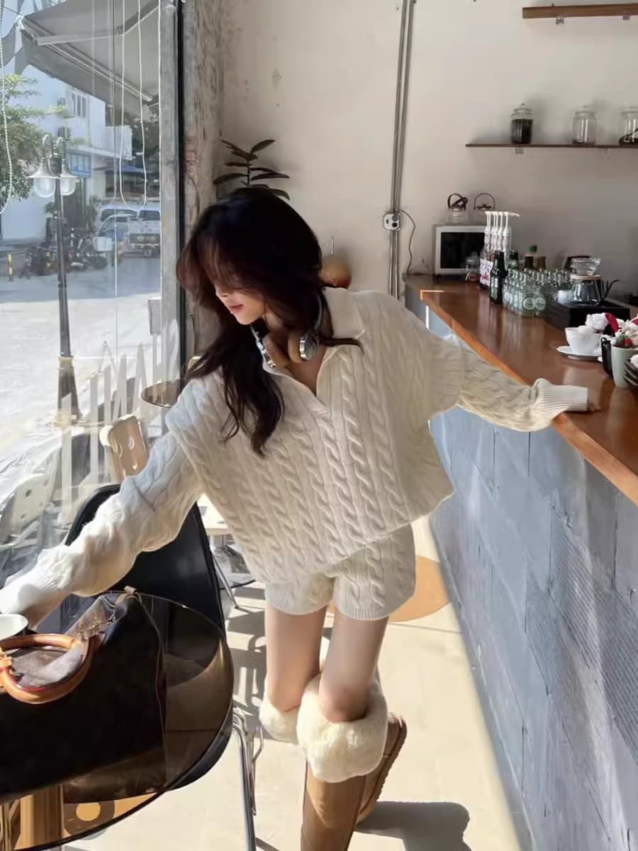 한국 스타일 새로운 느긋한 바람 POLO 칼라 니트 스웨터 풀오버 캐주얼 반바지 세트 여성 상세 이미지 9