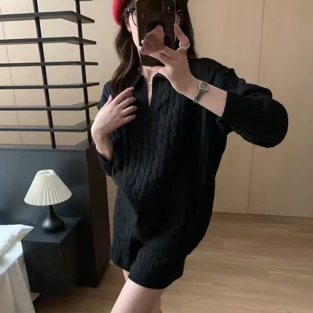 한국 스타일 새로운 느긋한 바람 POLO 칼라 니트 스웨터 풀오버 캐주얼 반바지 세트 여성 상세 이미지 11