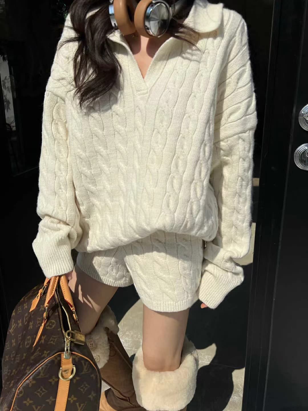 한국 스타일 새로운 느긋한 바람 POLO 칼라 니트 스웨터 풀오버 캐주얼 반바지 세트 여성 상세 이미지 16