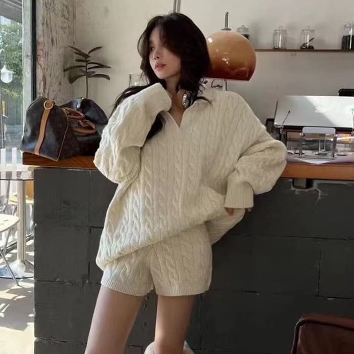 한국 스타일 새로운 느긋한 바람 POLO 칼라 니트 스웨터 풀오버 캐주얼 반바지 세트 여성 상세 이미지 17