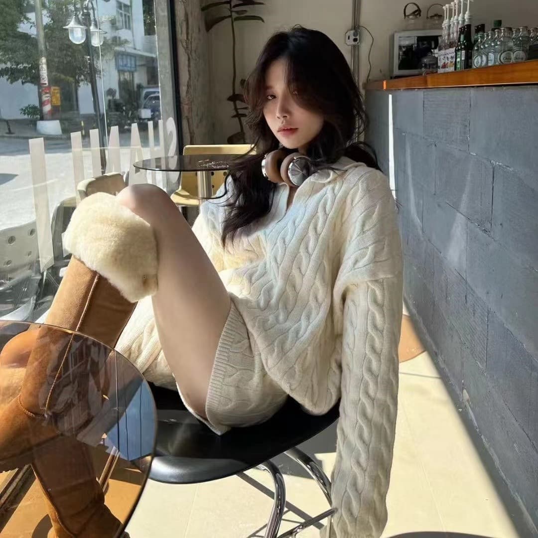 한국 스타일 새로운 느긋한 바람 POLO 칼라 니트 스웨터 풀오버 캐주얼 반바지 세트 여성 상세 이미지 18