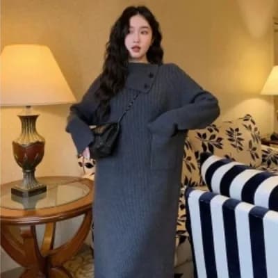 한국 스타일 새로운 구름 센스 원사 롱 코트 터틀넥 스웨터 드레스 여성 루즈핏 가을 겨울 슬림해 보이는 드레스 복장