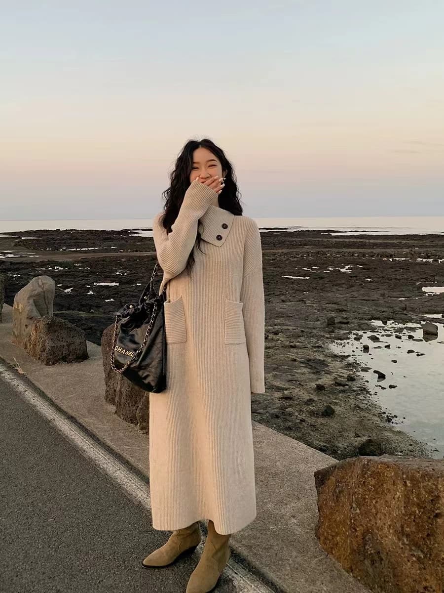 한국 스타일 새로운 구름 센스 원사 롱 코트 터틀넥 스웨터 드레스 여성 루즈핏 가을 겨울 슬림해 보이는 드레스 복장 이미지 4