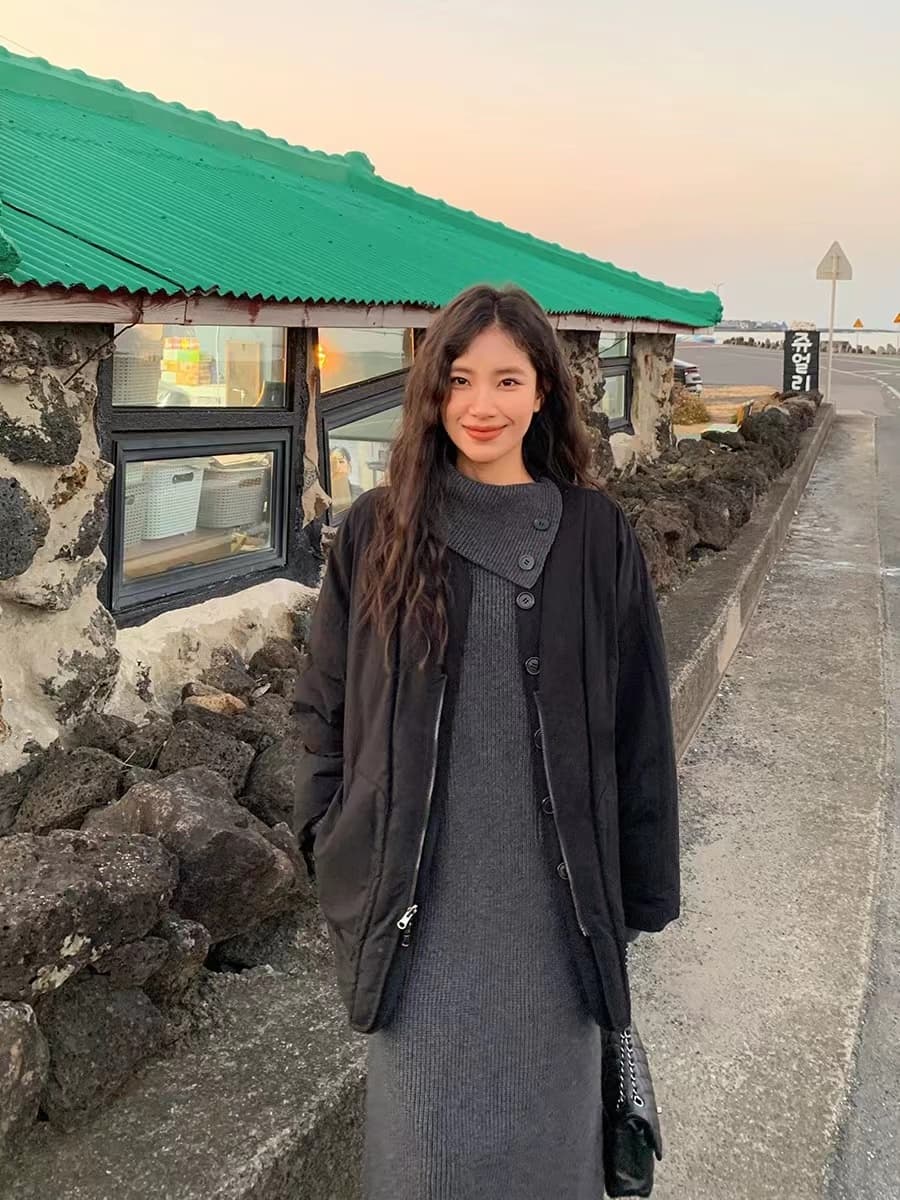 한국 스타일 새로운 구름 센스 원사 롱 코트 터틀넥 스웨터 드레스 여성 루즈핏 가을 겨울 슬림해 보이는 드레스 복장 상세 이미지 6