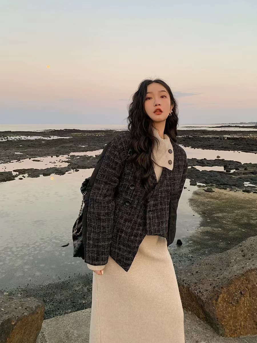 한국 스타일 새로운 구름 센스 원사 롱 코트 터틀넥 스웨터 드레스 여성 루즈핏 가을 겨울 슬림해 보이는 드레스 복장 상세 이미지 7