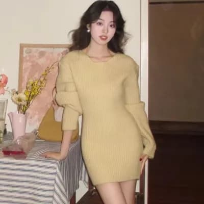 한국 스타일 두꺼운 선 털 니트 원피스 드레스 아이들 2026 가을 겨울 새로운 프랑스식 품격 몸매 가꾸기 미니 스커트 스웨터 상세 이미지 2