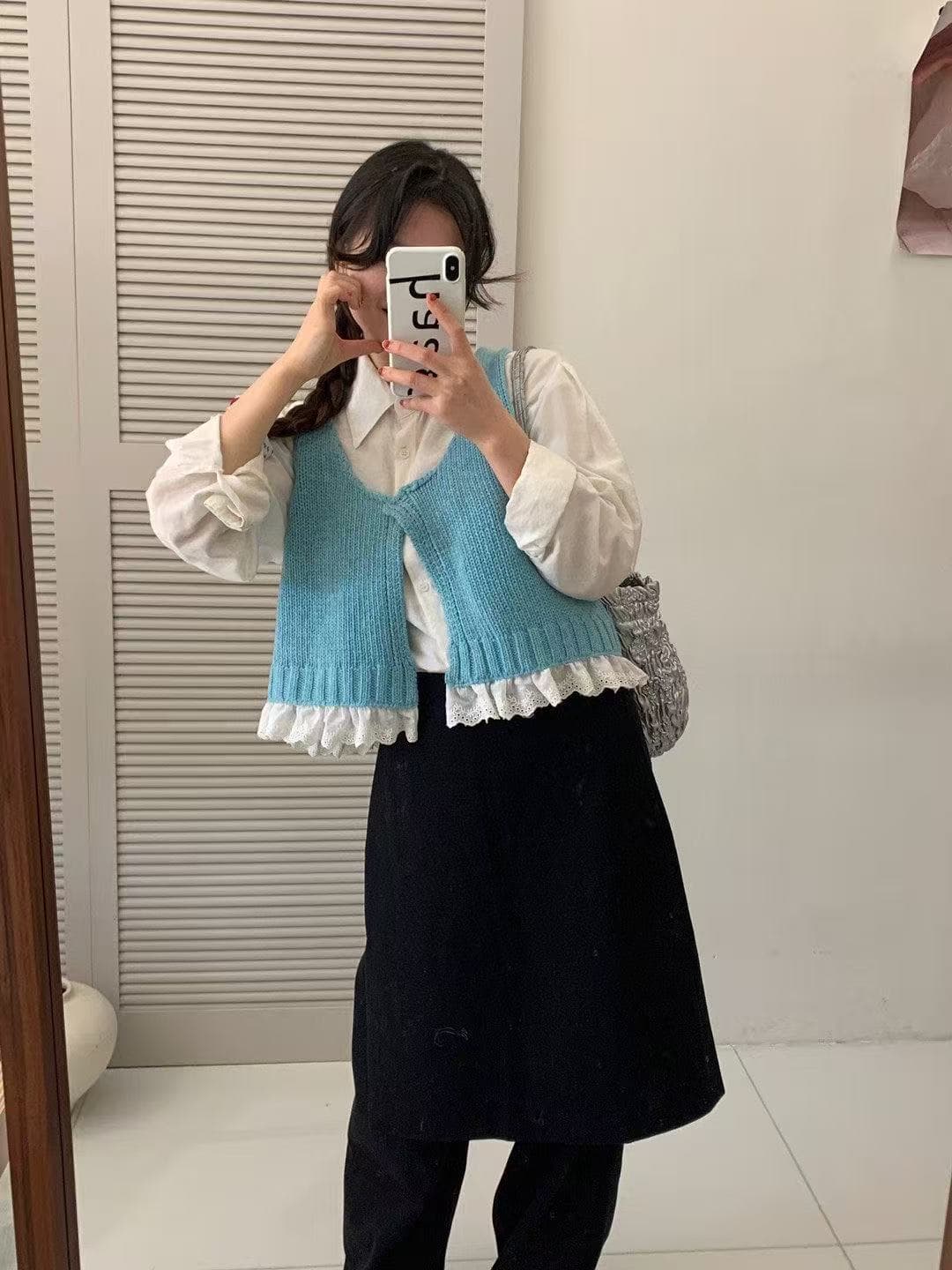 한 부서 외국 가스 디자인 센스 레이스 레이스 어둠 버클 작은 대중 느긋한 바람 다용도 니트 베스트 이미지 2