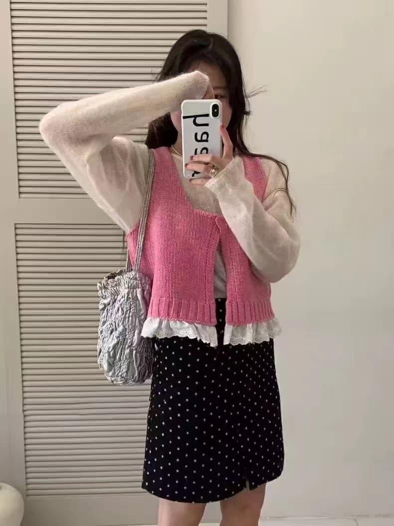 한 부서 외국 가스 디자인 센스 레이스 레이스 어둠 버클 작은 대중 느긋한 바람 다용도 니트 베스트 이미지 4