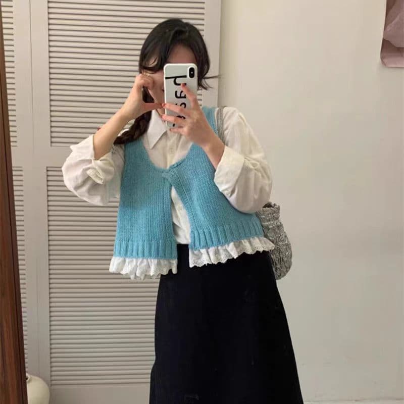 한 부서 외국 가스 디자인 센스 레이스 레이스 어둠 버클 작은 대중 느긋한 바람 다용도 니트 베스트 상세 이미지 3