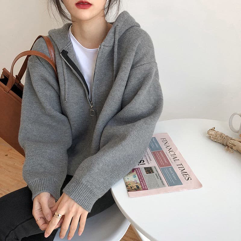한국 동대문 디자인 센스 지퍼 후드 니트 웨이 외투 셔츠 외국 가스 스웨터 오픈 가디건 여성 코트 루즈핏 상세 이미지 6