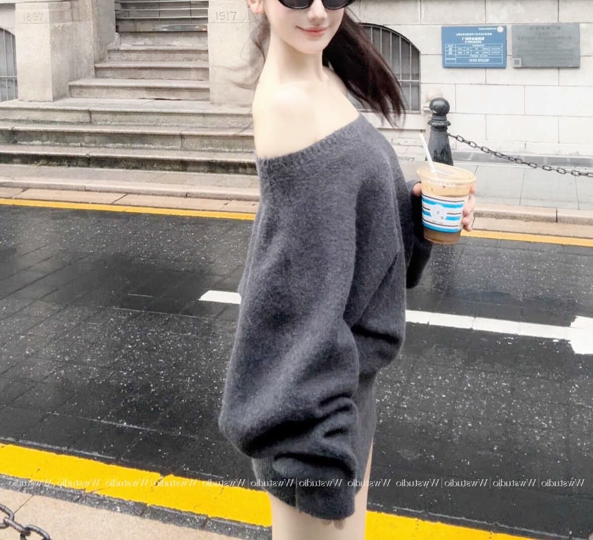 한국 동대문 순수한 욕망 섹시함 오프숄더 긴팔 스웨터 원피스 느긋한 패션 타이트 스커트 짧은 치마 여성 의류 상세 이미지 2