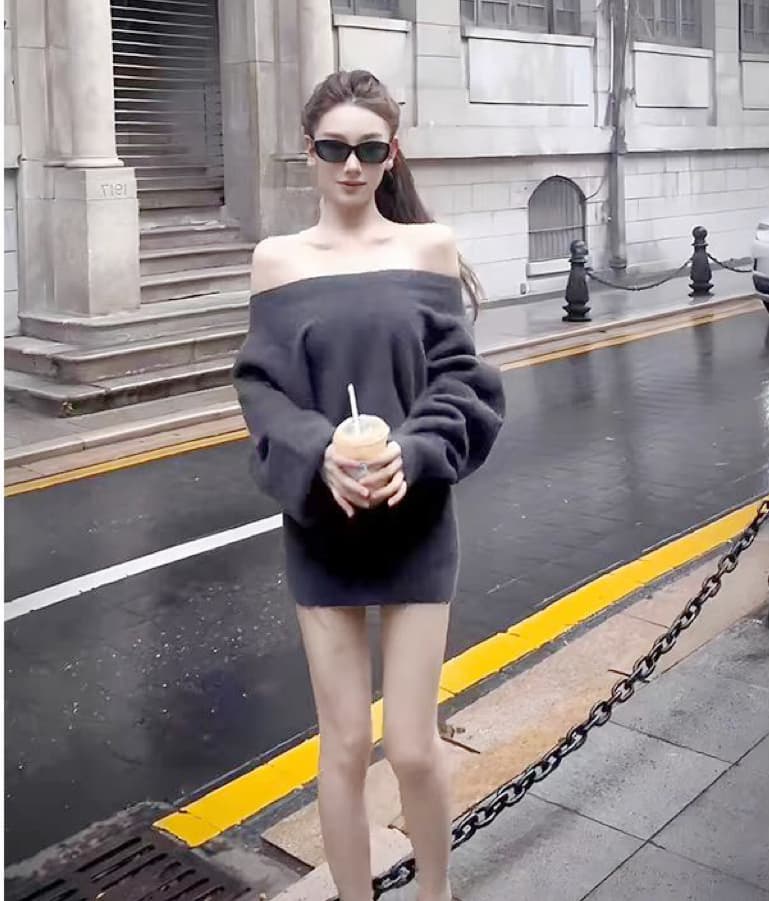 한국 동대문 순수한 욕망 섹시함 오프숄더 긴팔 스웨터 원피스 느긋한 패션 타이트 스커트 짧은 치마 여성 의류 상세 이미지 3