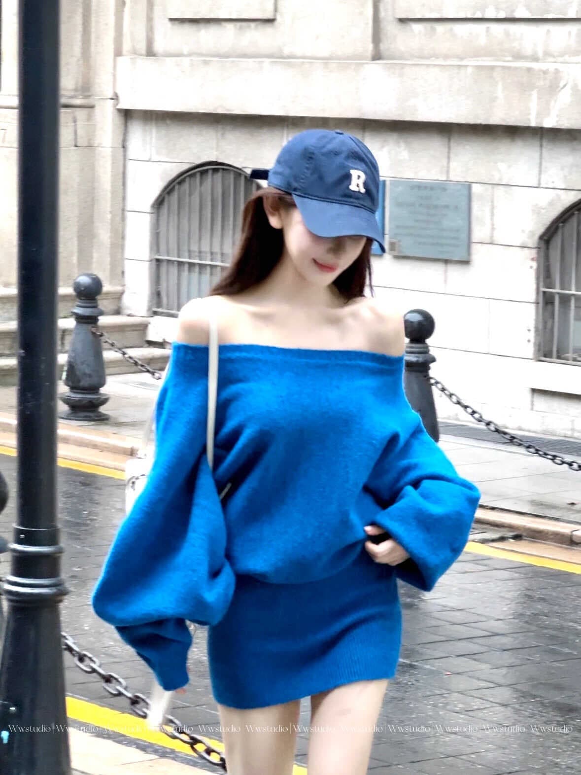 한국 동대문 순수한 욕망 섹시함 오프숄더 긴팔 스웨터 원피스 느긋한 패션 타이트 스커트 짧은 치마 여성 의류 상세 이미지 10