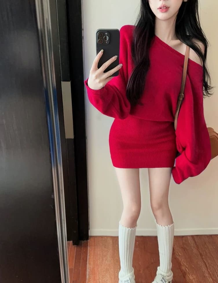 한국 동대문 순수한 욕망 섹시함 오프숄더 긴팔 스웨터 원피스 느긋한 패션 타이트 스커트 짧은 치마 여성 의류 상세 이미지 11