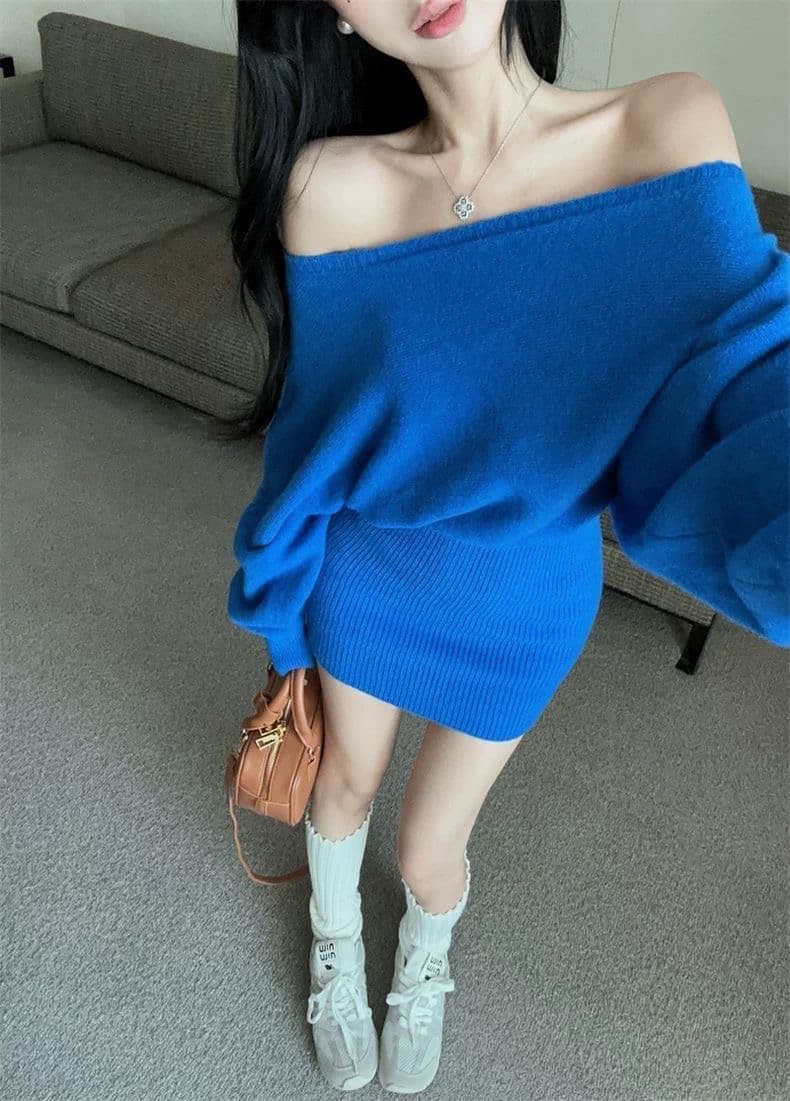 한국 동대문 순수한 욕망 섹시함 오프숄더 긴팔 스웨터 원피스 느긋한 패션 타이트 스커트 짧은 치마 여성 의류 상세 이미지 19