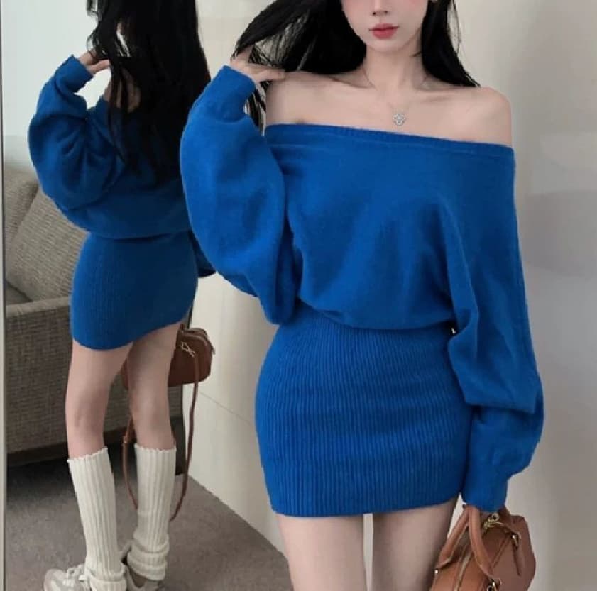 한국 동대문 순수한 욕망 섹시함 오프숄더 긴팔 스웨터 원피스 느긋한 패션 타이트 스커트 짧은 치마 여성 의류 상세 이미지 20