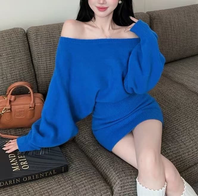 한국 동대문 순수한 욕망 섹시함 오프숄더 긴팔 스웨터 원피스 느긋한 패션 타이트 스커트 짧은 치마 여성 의류 상세 이미지 21