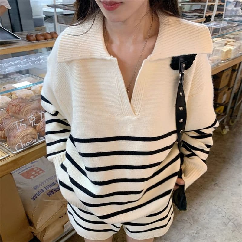 아마존 프랑스식 작은 샤넬 스타일 스트라이프 춤 루즈핏 느긋한 바람 스웨터 여성 셔츠 반바지 여성 투피스 슈트 이미지 3