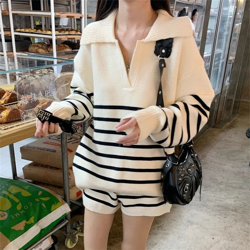 아마존 프랑스식 작은 샤넬 스타일 스트라이프 춤 루즈핏 느긋한 바람 스웨터 여성 셔츠 반바지 여성 투피스 슈트 이미지 5