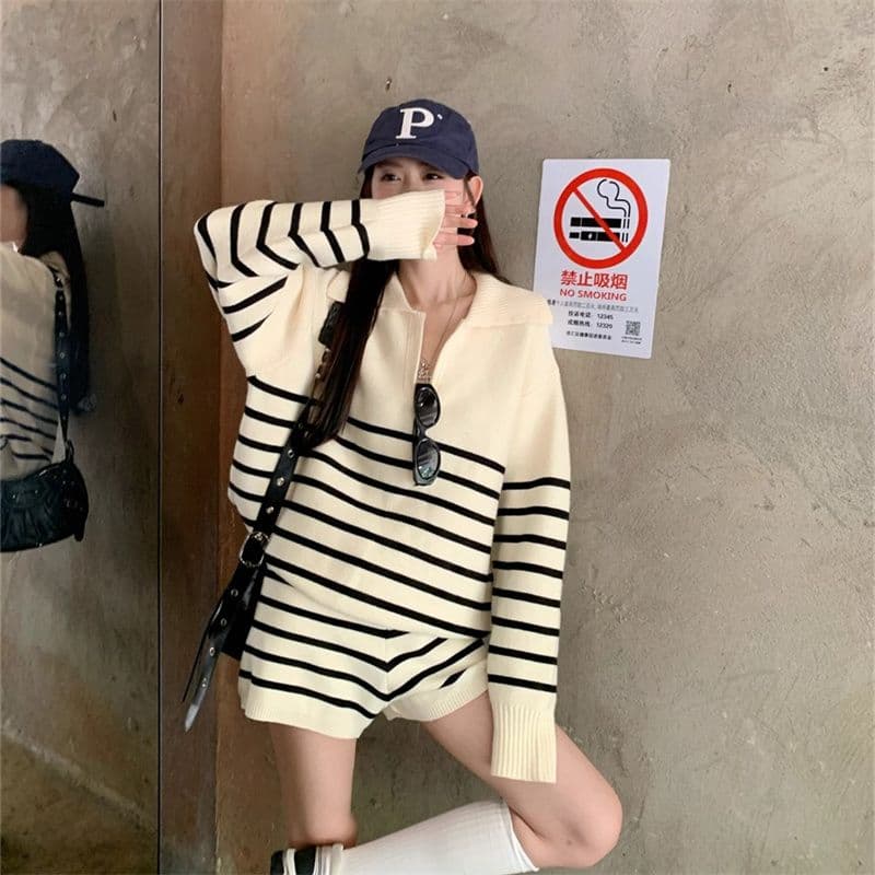 아마존 프랑스식 작은 샤넬 스타일 스트라이프 춤 루즈핏 느긋한 바람 스웨터 여성 셔츠 반바지 여성 투피스 슈트 상세 이미지 7