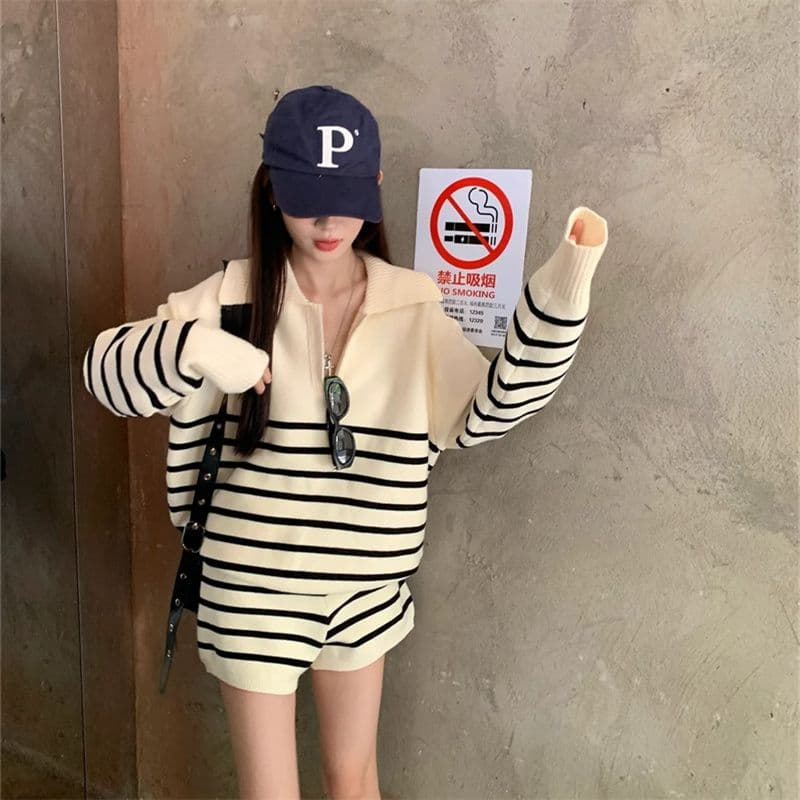 아마존 프랑스식 작은 샤넬 스타일 스트라이프 춤 루즈핏 느긋한 바람 스웨터 여성 셔츠 반바지 여성 투피스 슈트 상세 이미지 10