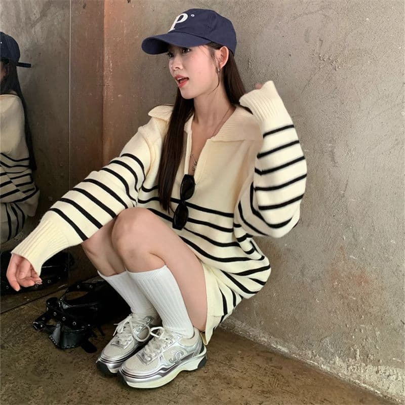 아마존 프랑스식 작은 샤넬 스타일 스트라이프 춤 루즈핏 느긋한 바람 스웨터 여성 셔츠 반바지 여성 투피스 슈트 상세 이미지 11