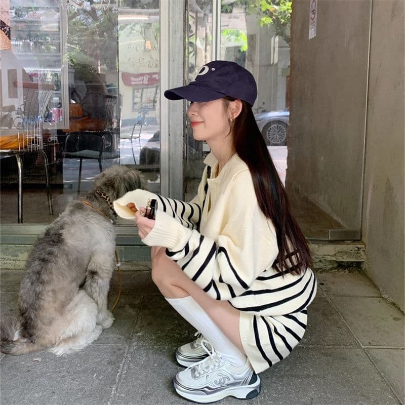 아마존 프랑스식 작은 샤넬 스타일 스트라이프 춤 루즈핏 느긋한 바람 스웨터 여성 셔츠 반바지 여성 투피스 슈트 상세 이미지 12