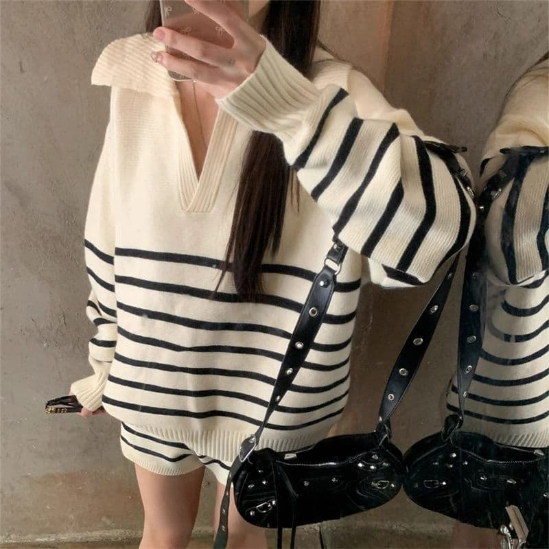 아마존 프랑스식 작은 샤넬 스타일 스트라이프 춤 루즈핏 느긋한 바람 스웨터 여성 셔츠 반바지 여성 투피스 슈트 상세 이미지 15