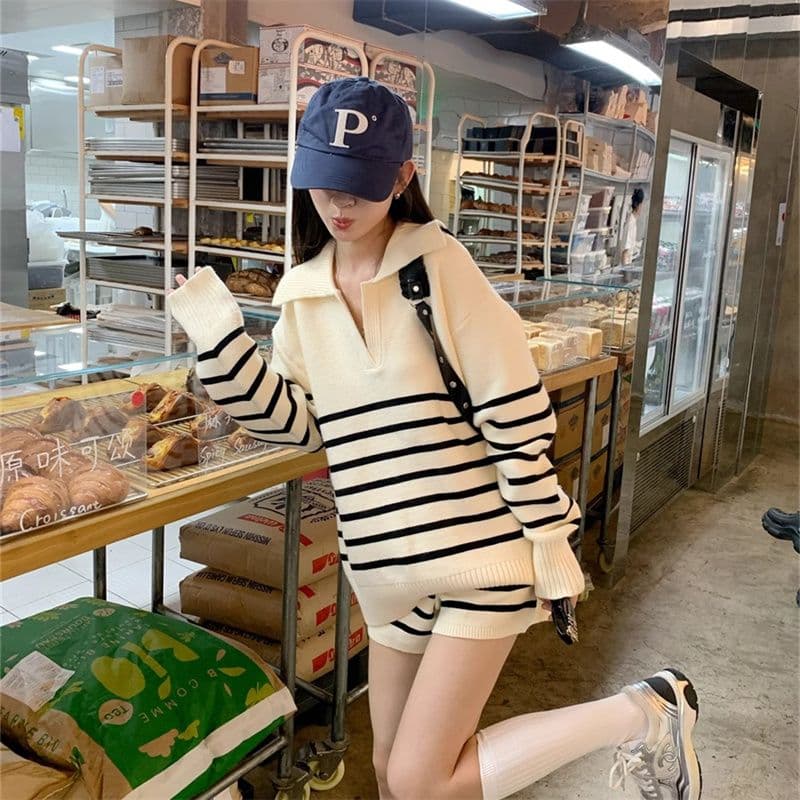 아마존 프랑스식 작은 샤넬 스타일 스트라이프 춤 루즈핏 느긋한 바람 스웨터 여성 셔츠 반바지 여성 투피스 슈트 상세 이미지 20