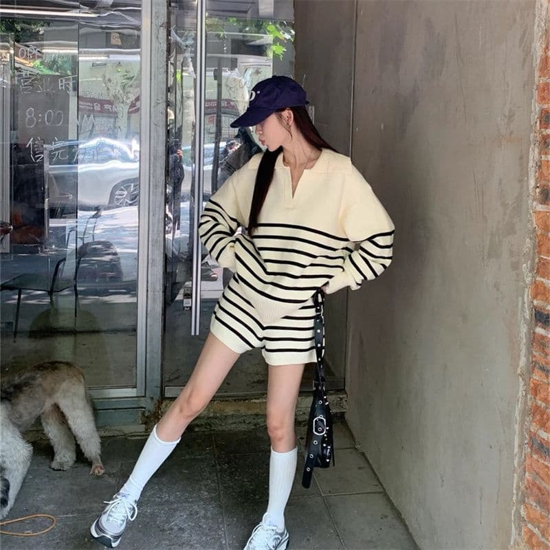 아마존 프랑스식 작은 샤넬 스타일 스트라이프 춤 루즈핏 느긋한 바람 스웨터 여성 셔츠 반바지 여성 투피스 슈트 상세 이미지 26