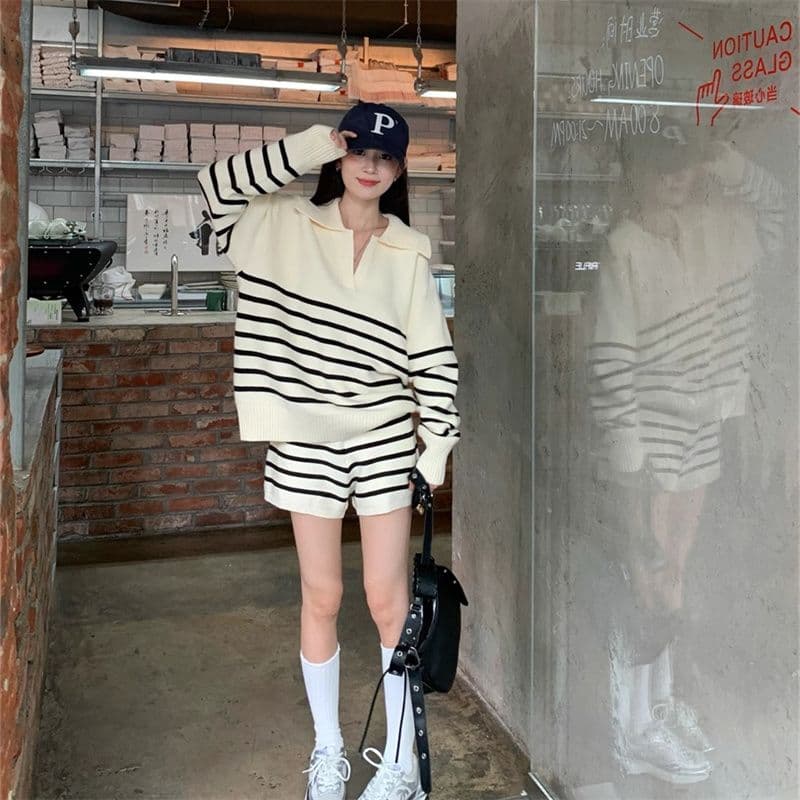 아마존 프랑스식 작은 샤넬 스타일 스트라이프 춤 루즈핏 느긋한 바람 스웨터 여성 셔츠 반바지 여성 투피스 슈트 상세 이미지 27