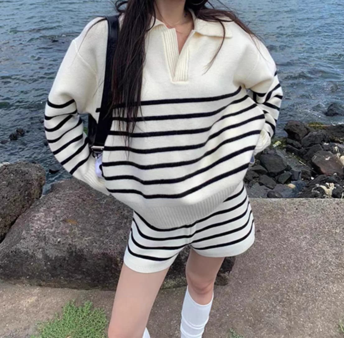 한국 동대문 스트라이프 세트 한 부서 디자인 센스 루즈핏 패치워크 색상 POLO 칼라 스웨터 반바지 투피스 세트 상세 이미지 5