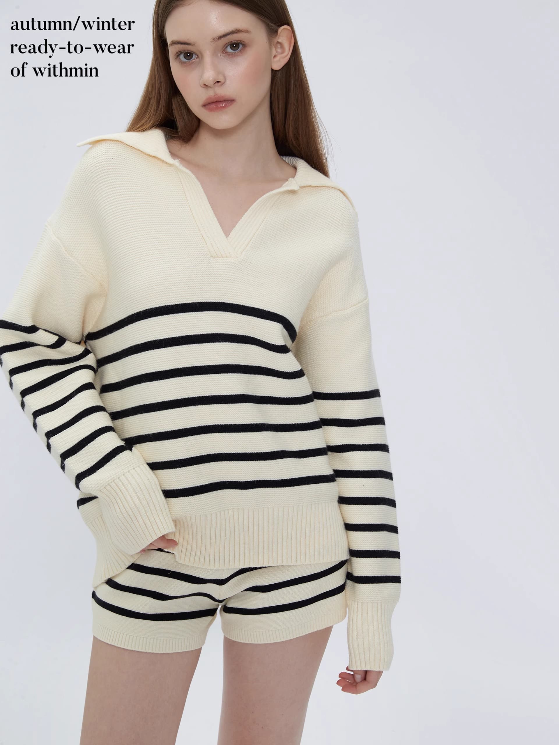 한국 동대문 스트라이프 세트 한 부서 디자인 센스 루즈핏 패치워크 색상 POLO 칼라 스웨터 반바지 투피스 세트 상세 이미지 9