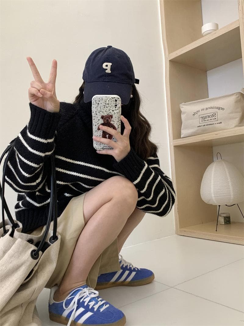 한국 동대문 하프 지퍼 폴로 칼라 스웨터 여자 한 부서 작은 대중 스트라이프 루즈핏 맨위 풀오버 니트 스웨터 트렌디 상세 이미지 10