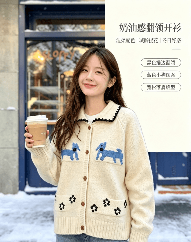 한국 동대문 작은 그룹 강아지 부드러운 찹쌀 스웨터 오픈 가디건 가을 새로운 레트로 루즈핏 슬림해 보이는 느긋한 바람 상세 이미지 2