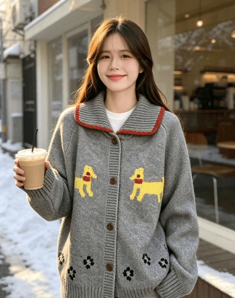 한국 동대문 작은 그룹 강아지 부드러운 찹쌀 스웨터 오픈 가디건 가을 새로운 레트로 루즈핏 슬림해 보이는 느긋한 바람 상세 이미지 14