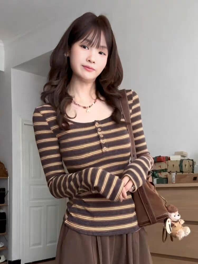 기사 디자인 센스 스트라이프 기본 셔츠 긴팔 티셔츠 여성 의류 가을 겨울 몸매 가꾸기 다용도 새로운 패션 상세 이미지 1