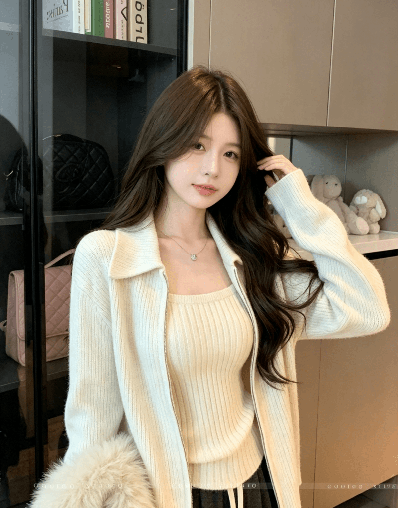 한국 동대문 느긋한 바람 지퍼 긴팔 니트 오픈 가디건 여성 디자인 센스 인사이드 가져 가라. 캐미솔 맨위 두 조각