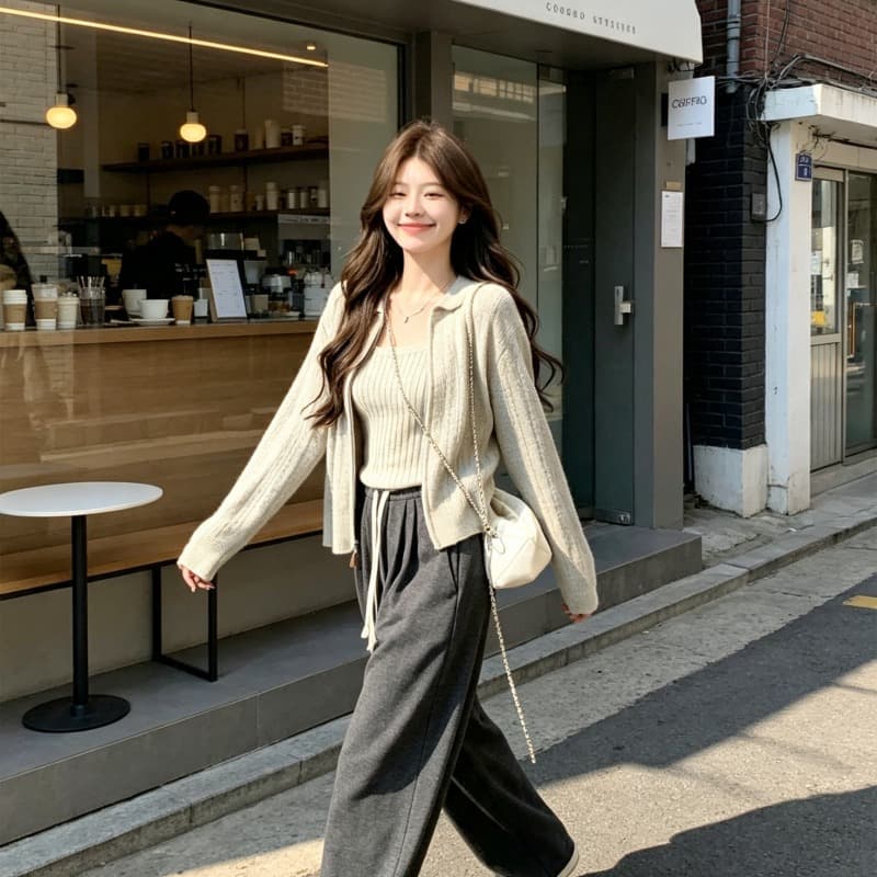 한국 동대문 느긋한 바람 지퍼 긴팔 니트 오픈 가디건 여성 디자인 센스 인사이드 가져 가라. 캐미솔 맨위 두 조각 이미지 5