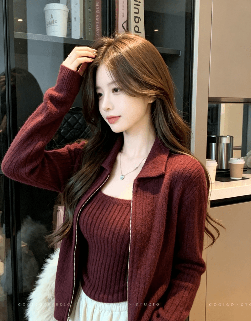 한국 동대문 느긋한 바람 지퍼 긴팔 니트 오픈 가디건 여성 디자인 센스 인사이드 가져 가라. 캐미솔 맨위 두 조각 상세 이미지 16