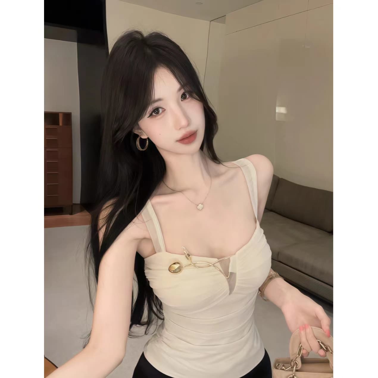 명문 여성 바람 망사 캐미솔 외출용 여름 핫걸 맨위 허리 수축 몸매 가꾸기 디자인 고급 센스 벨트 가슴 패드 상세 이미지 3