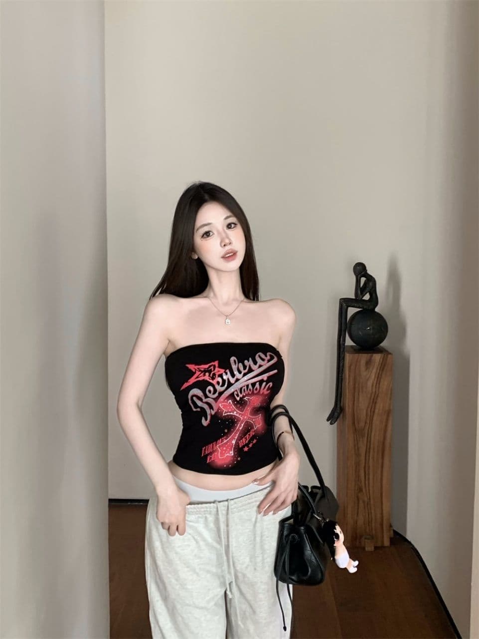 아메리칸 섬 핫걸 바람 튜브탑 알파벳 프린트 조끼 벨트 가슴 패드 몸매 가꾸기 슬림해 보이는 섹시한 아름다움 뒤로 상세 이미지 2