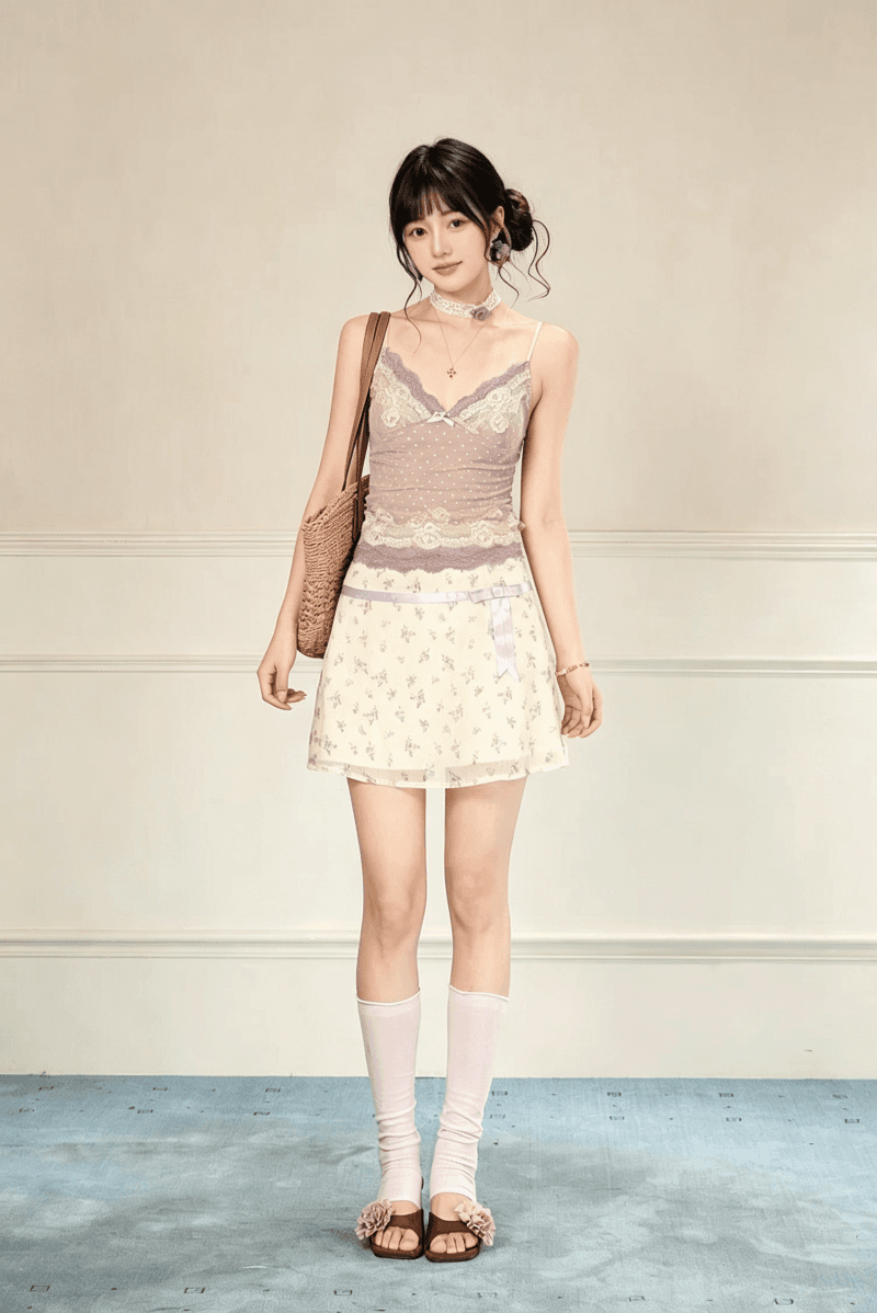 순수한 욕망 바람 가을 편안함 다용도 인사이드 가져 가라. 망사 레이스 도트 무늬 V넥 디자인 센스 캐미솔 벨트 가슴 패드 상세 이미지 10